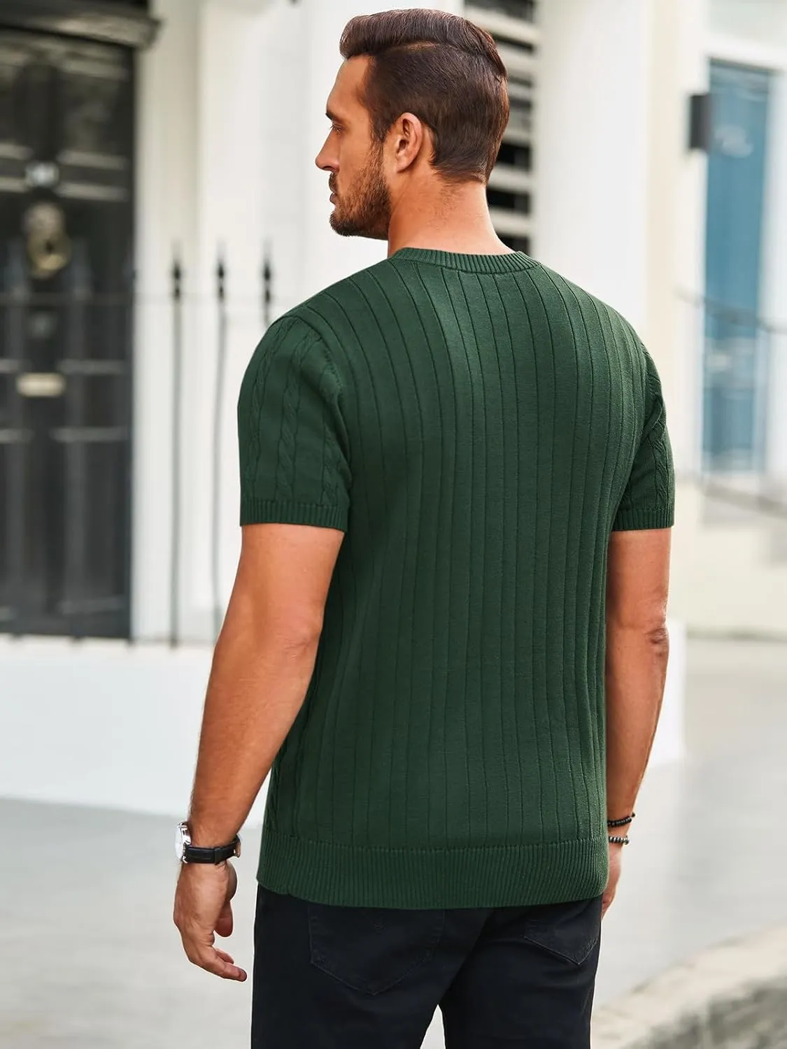 Runcati Mens Knit Short Sleeve T Shirts Casual Crewneck Slim Fit Shirt Cable Knitted Stretch Pullover Tees