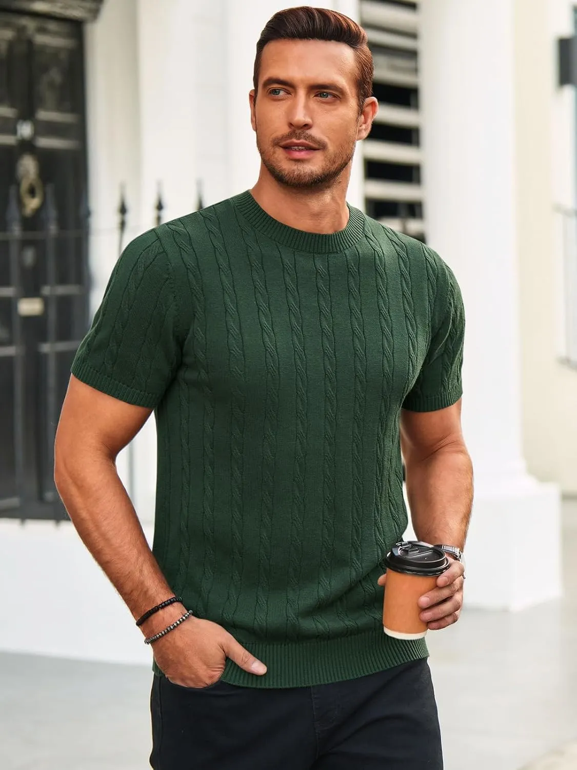 Runcati Mens Knit Short Sleeve T Shirts Casual Crewneck Slim Fit Shirt Cable Knitted Stretch Pullover Tees