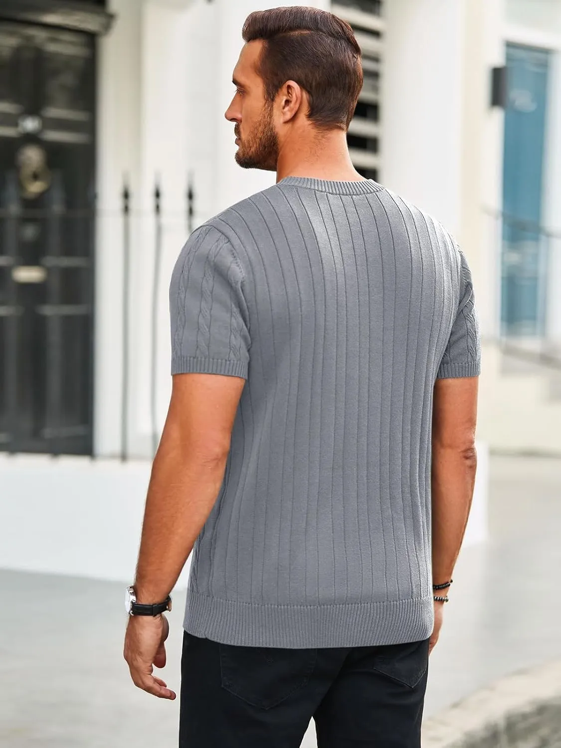Runcati Mens Knit Short Sleeve T Shirts Casual Crewneck Slim Fit Shirt Cable Knitted Stretch Pullover Tees