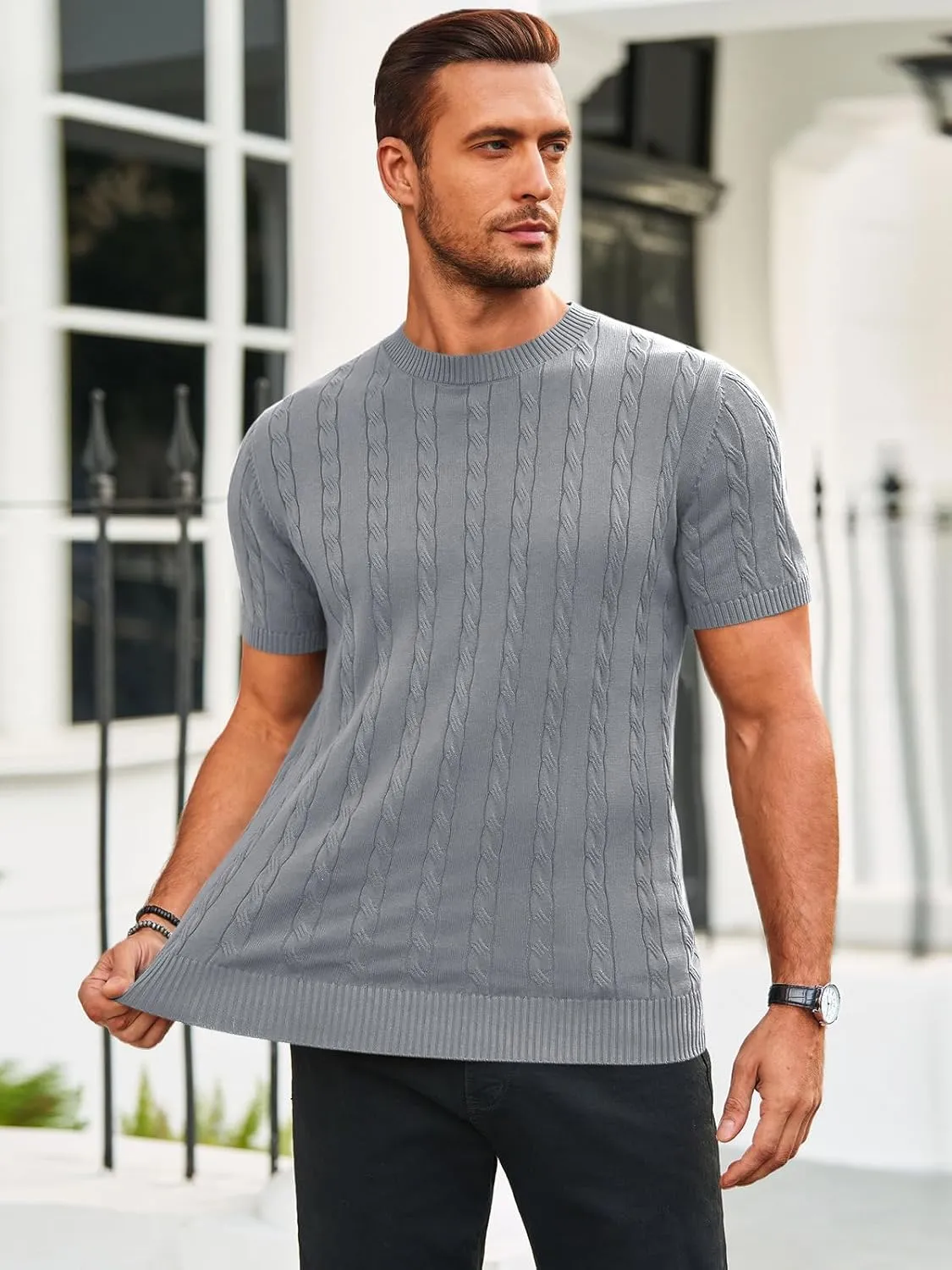 Runcati Mens Knit Short Sleeve T Shirts Casual Crewneck Slim Fit Shirt Cable Knitted Stretch Pullover Tees