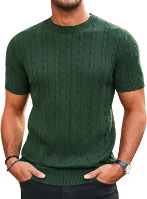 Runcati Mens Knit Short Sleeve T Shirts Casual Crewneck Slim Fit Shirt Cable Knitted Stretch Pullover Tees