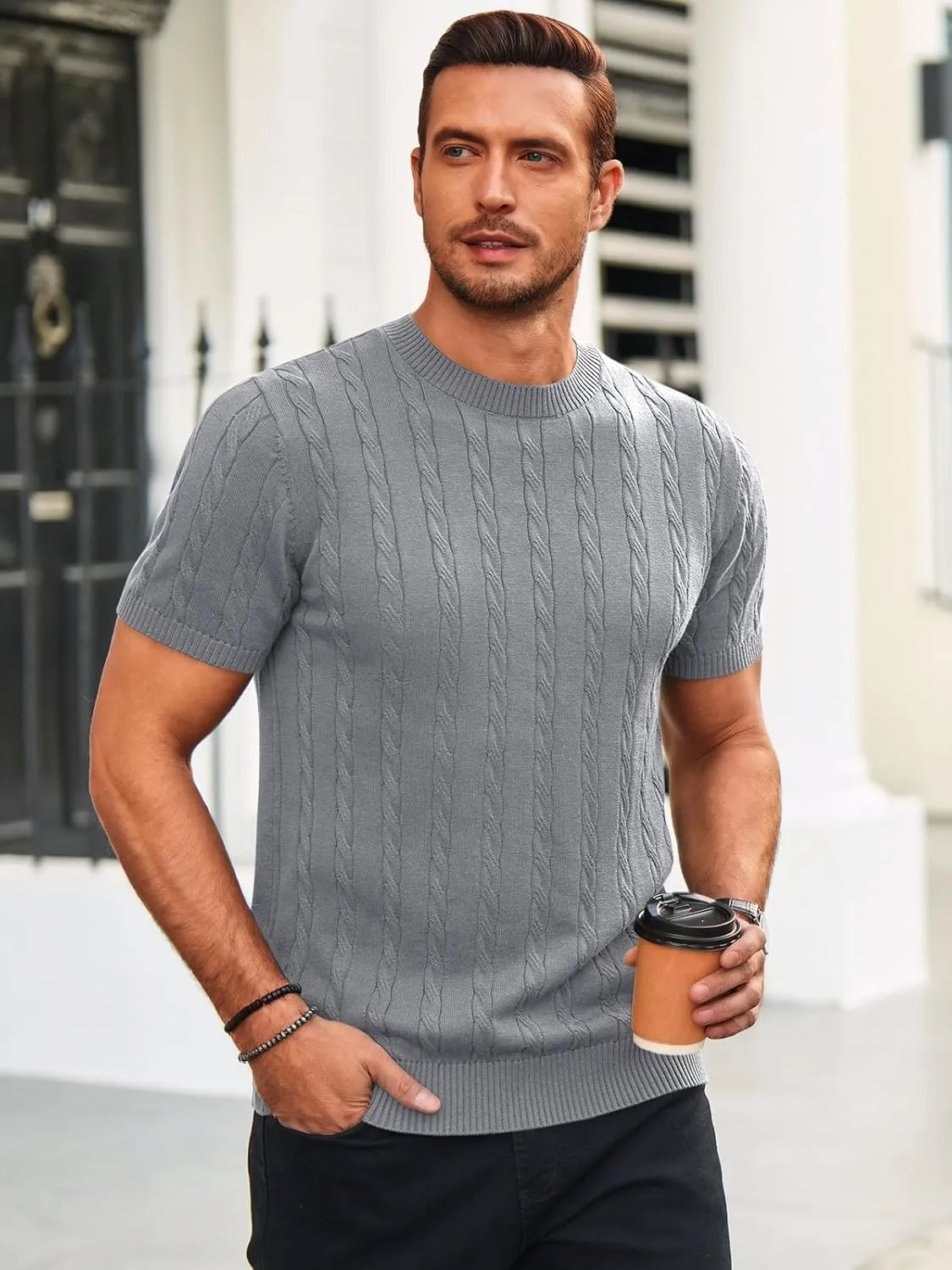 Runcati Mens Knit Short Sleeve T Shirts Casual Crewneck Slim Fit Shirt Cable Knitted Stretch Pullover Tees