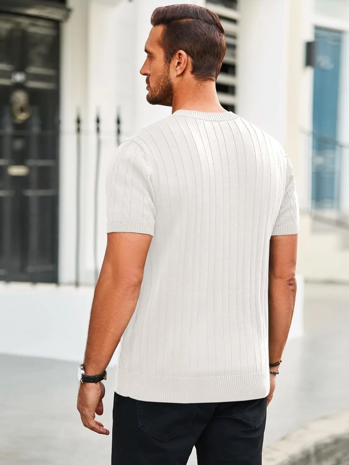 Runcati Mens Knit Short Sleeve T Shirts Casual Crewneck Slim Fit Shirt Cable Knitted Stretch Pullover Tees