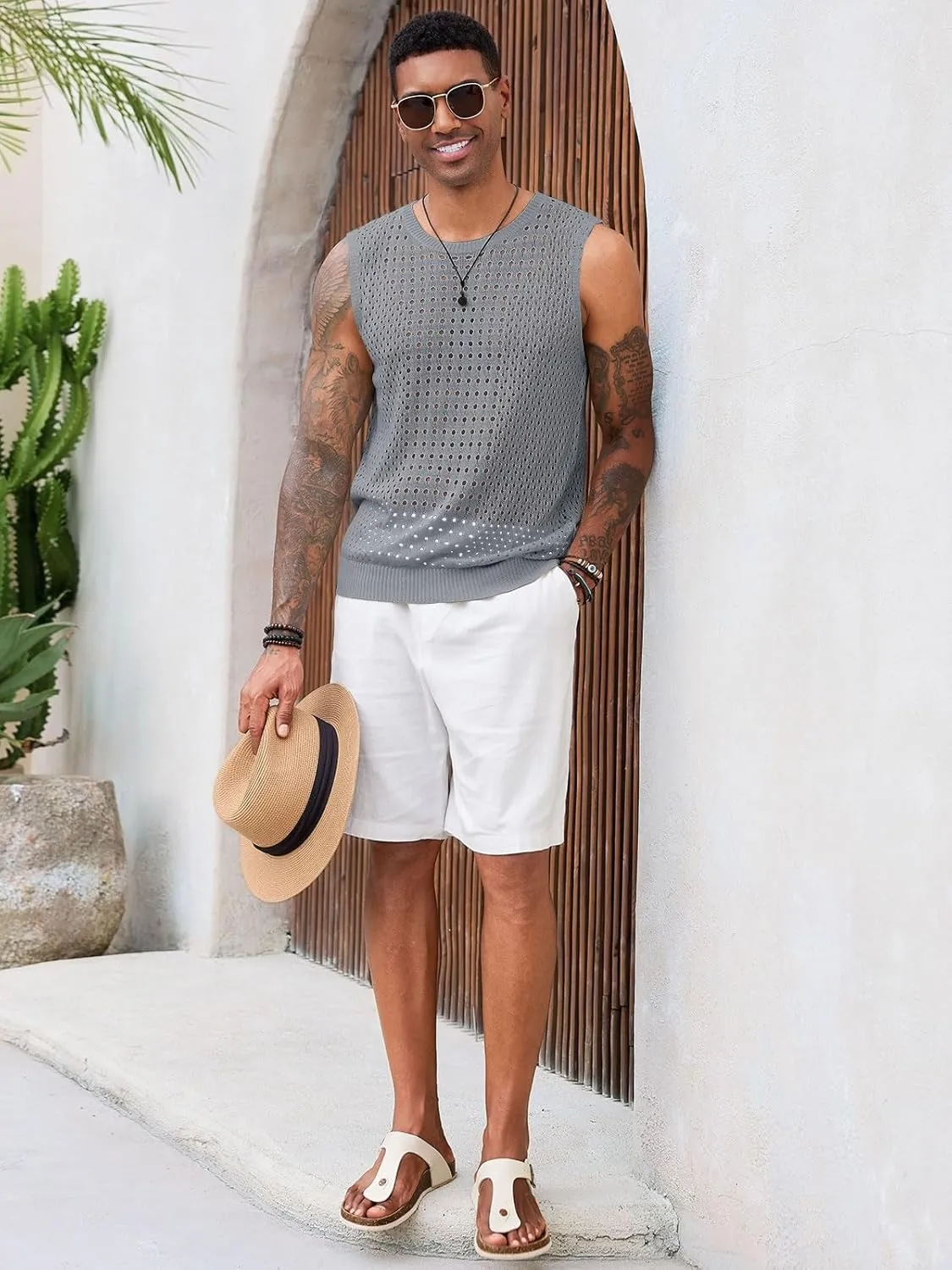 Runcati Mens Knit Sleeveless Tank Tops Casual Hollow Out T Shirts Beach Summer See Through Tops