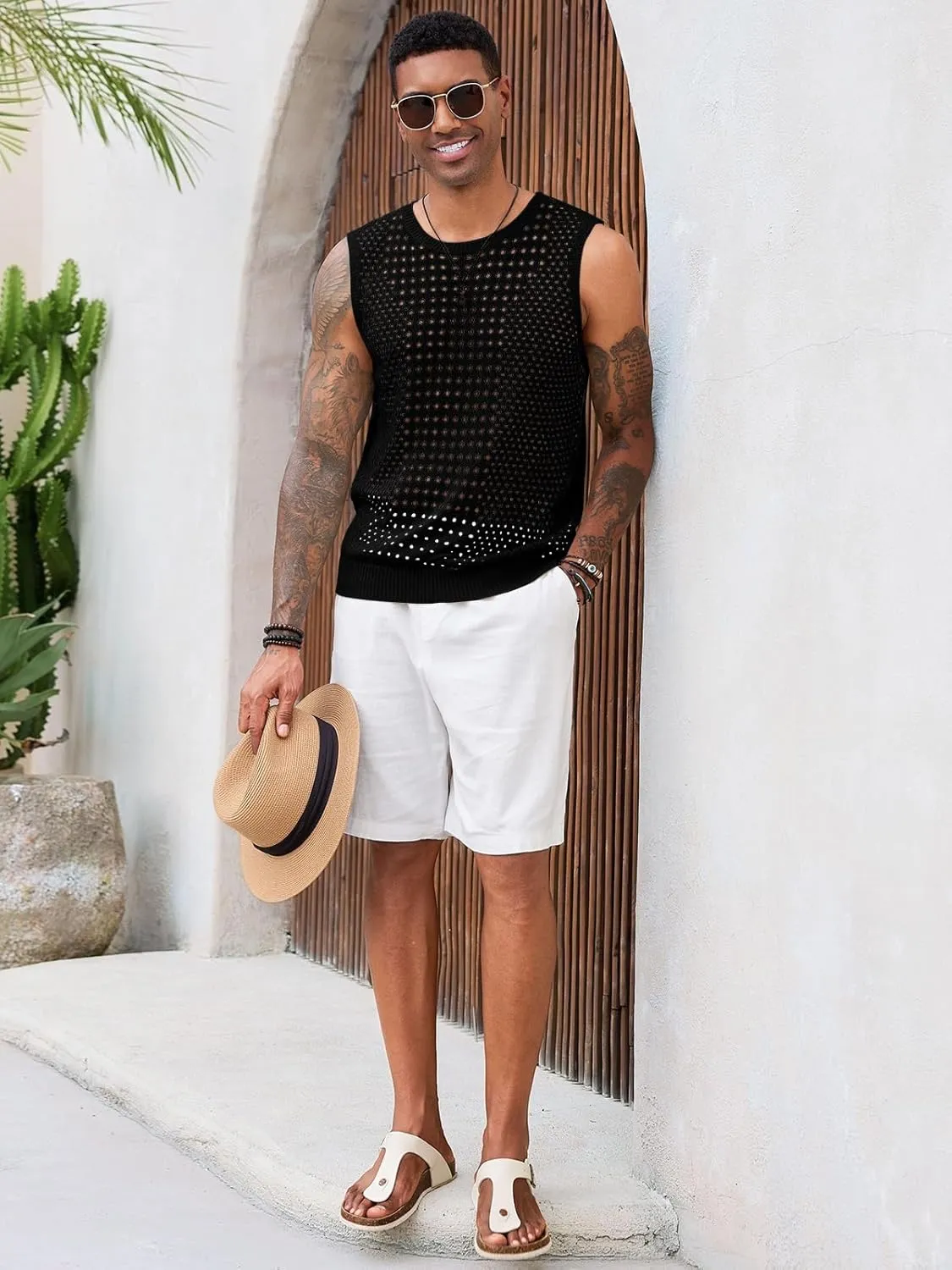 Runcati Mens Knit Sleeveless Tank Tops Casual Hollow Out T Shirts Beach Summer See Through Tops