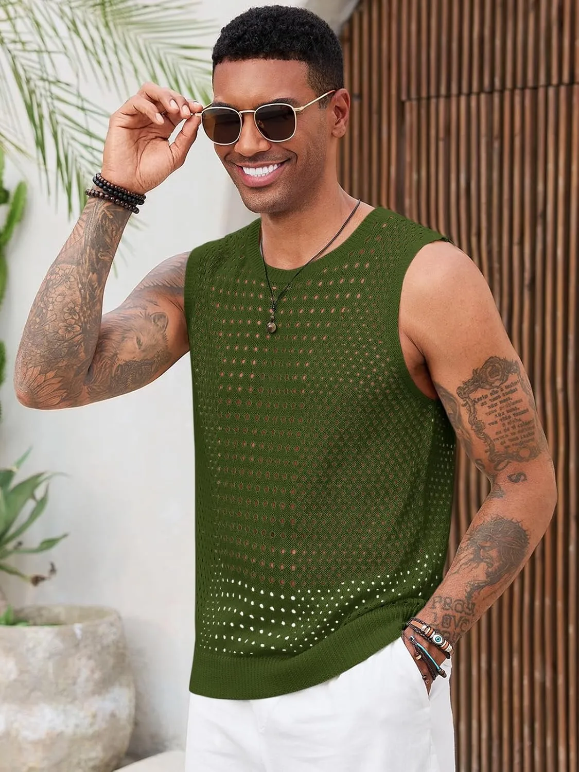 Runcati Mens Knit Sleeveless Tank Tops Casual Hollow Out T Shirts Beach Summer See Through Tops