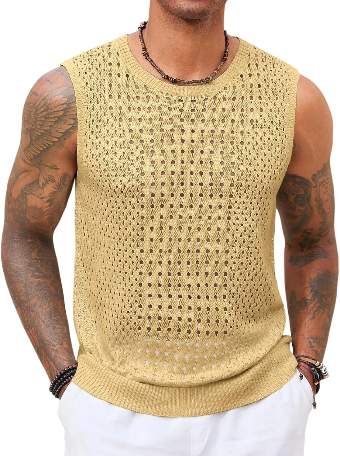 Runcati Mens Knit Sleeveless Tank Tops Casual Hollow Out T Shirts Beach Summer See Through Tops