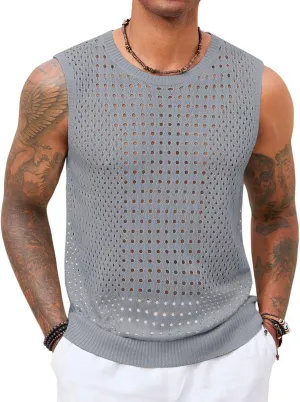 Runcati Mens Knit Sleeveless Tank Tops Casual Hollow Out T Shirts Beach Summer See Through Tops