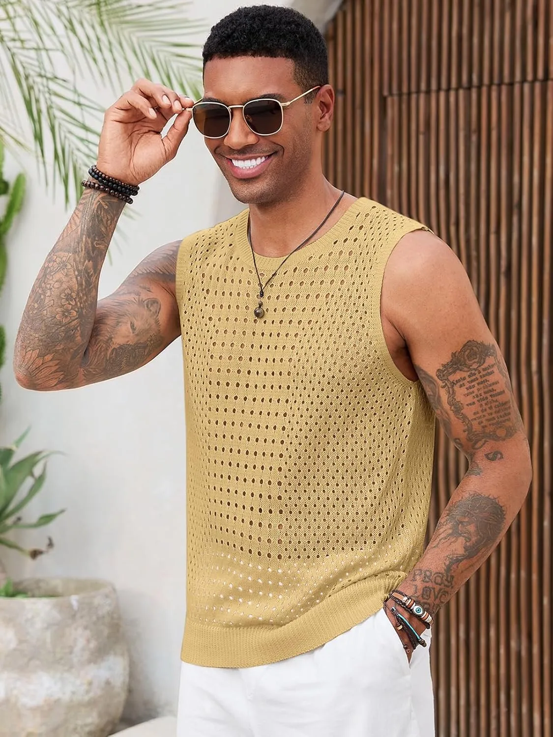 Runcati Mens Knit Sleeveless Tank Tops Casual Hollow Out T Shirts Beach Summer See Through Tops