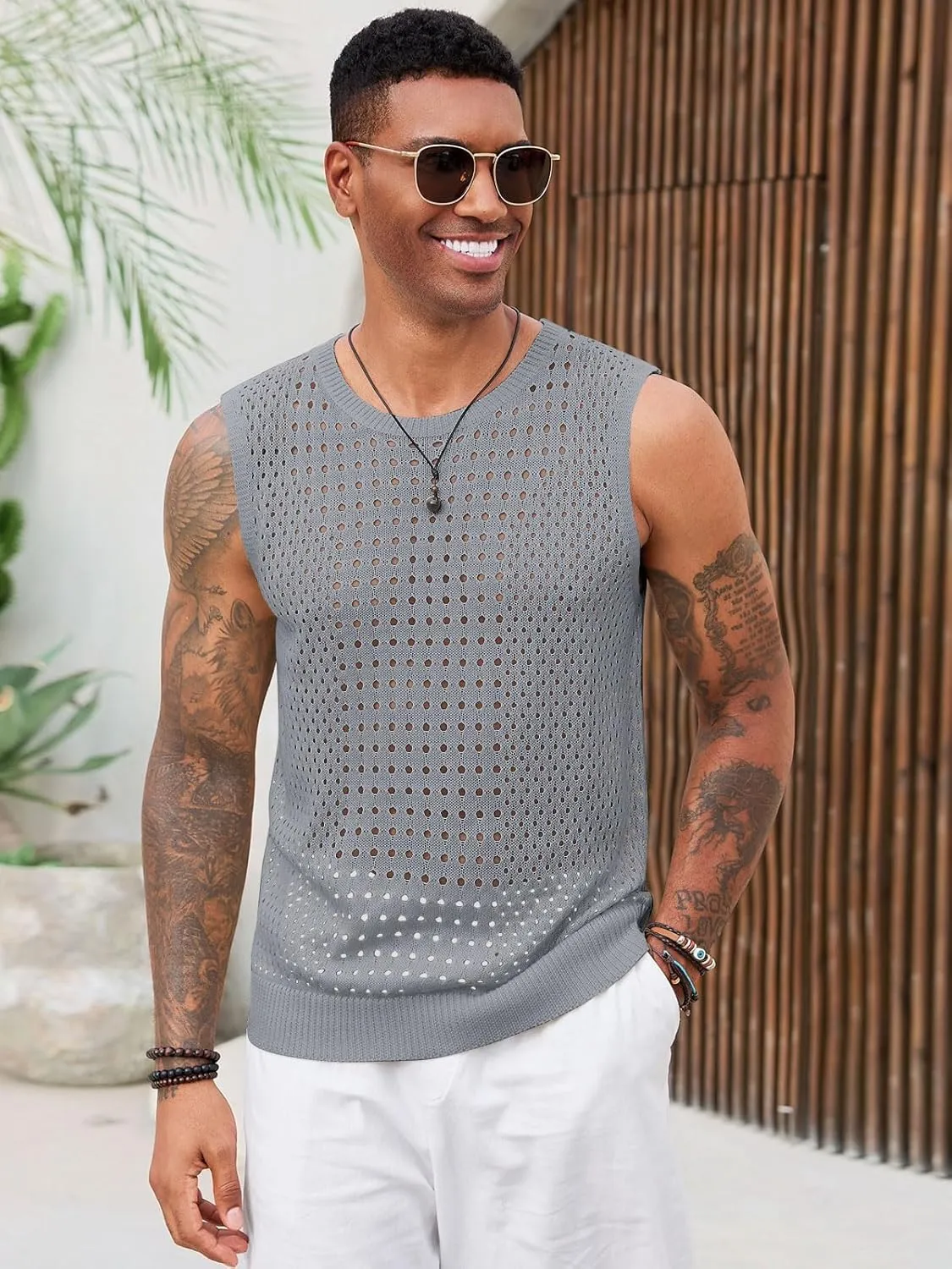 Runcati Mens Knit Sleeveless Tank Tops Casual Hollow Out T Shirts Beach Summer See Through Tops