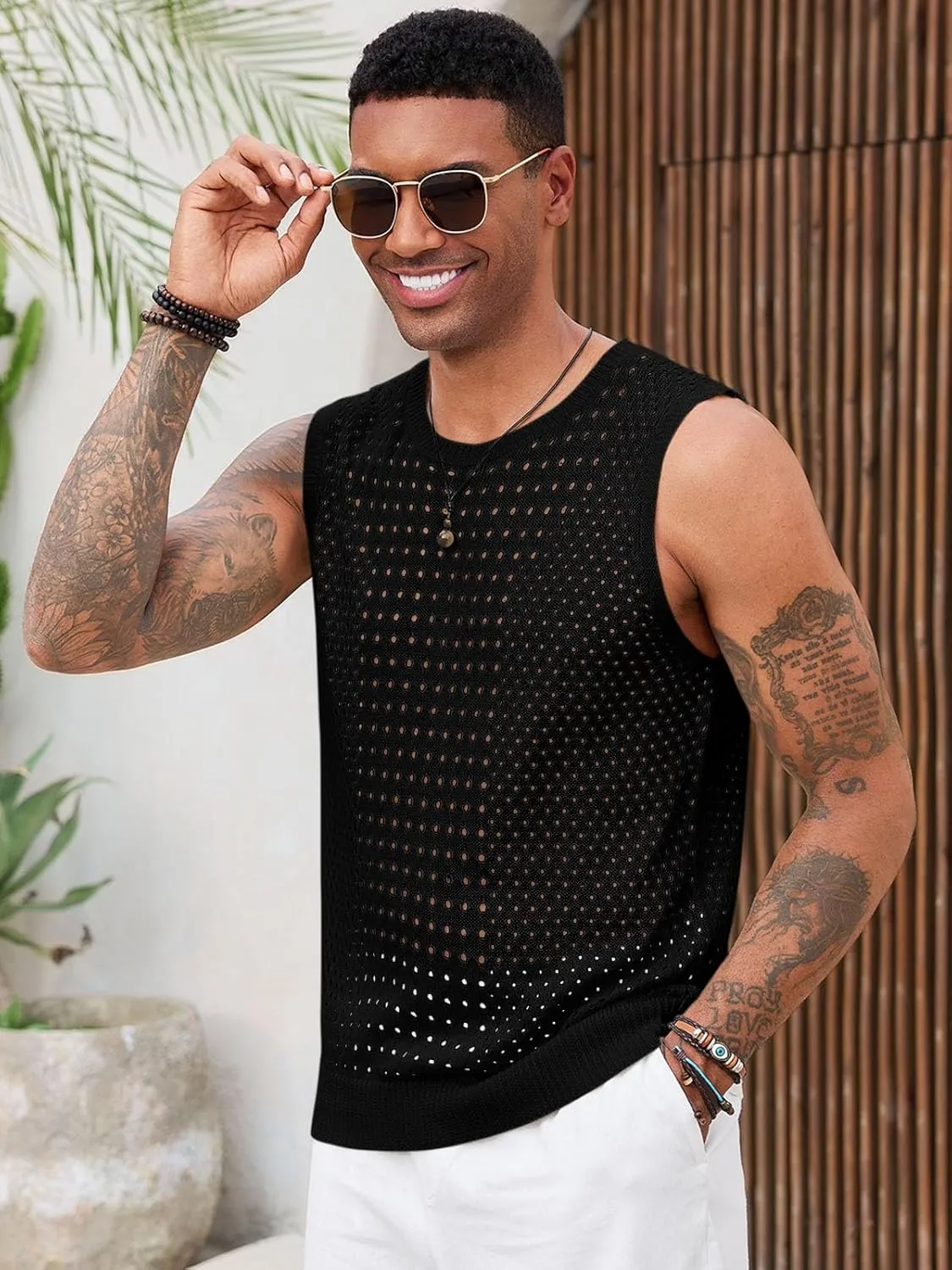 Runcati Mens Knit Sleeveless Tank Tops Casual Hollow Out T Shirts Beach Summer See Through Tops