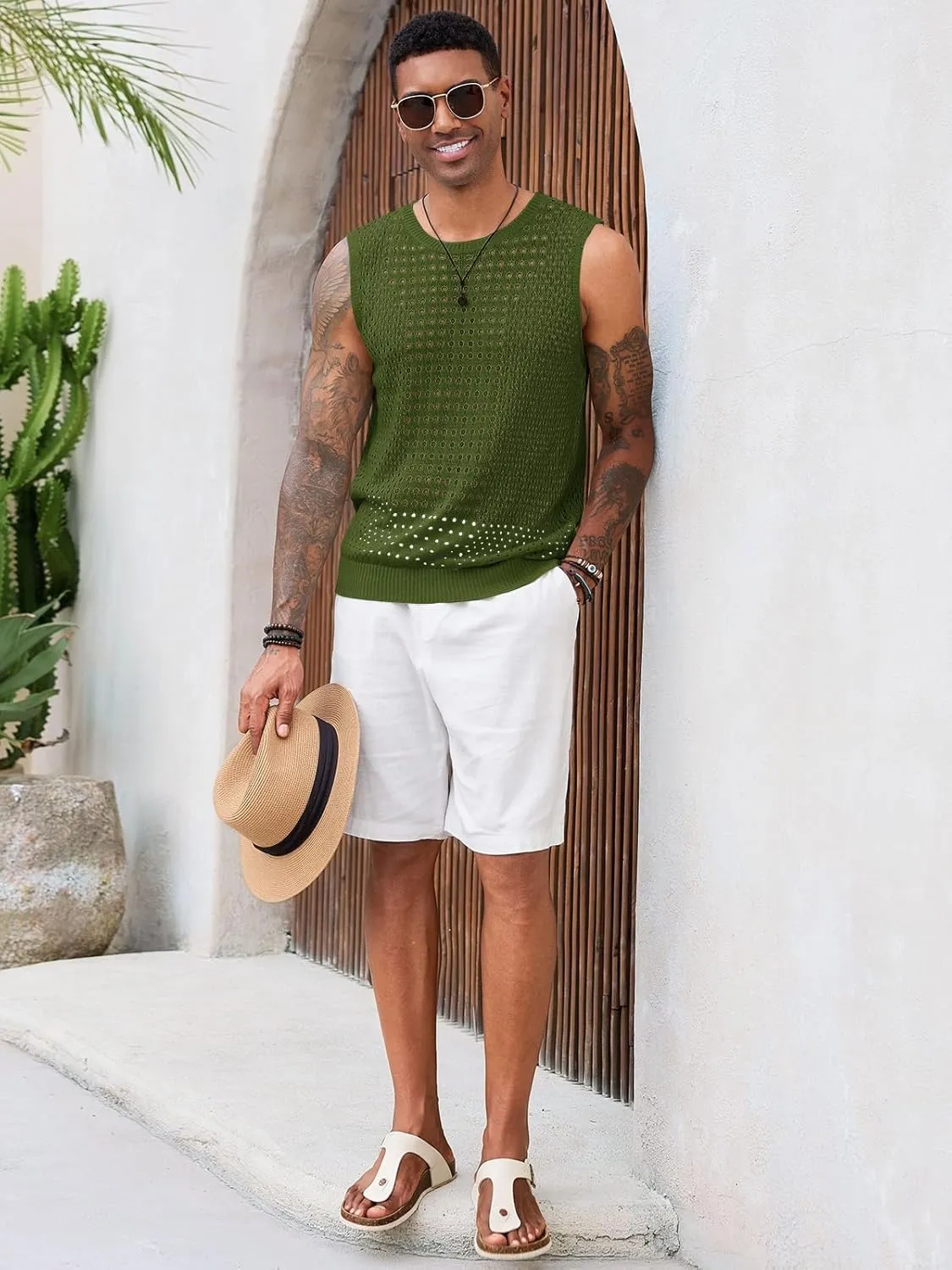 Runcati Mens Knit Sleeveless Tank Tops Casual Hollow Out T Shirts Beach Summer See Through Tops