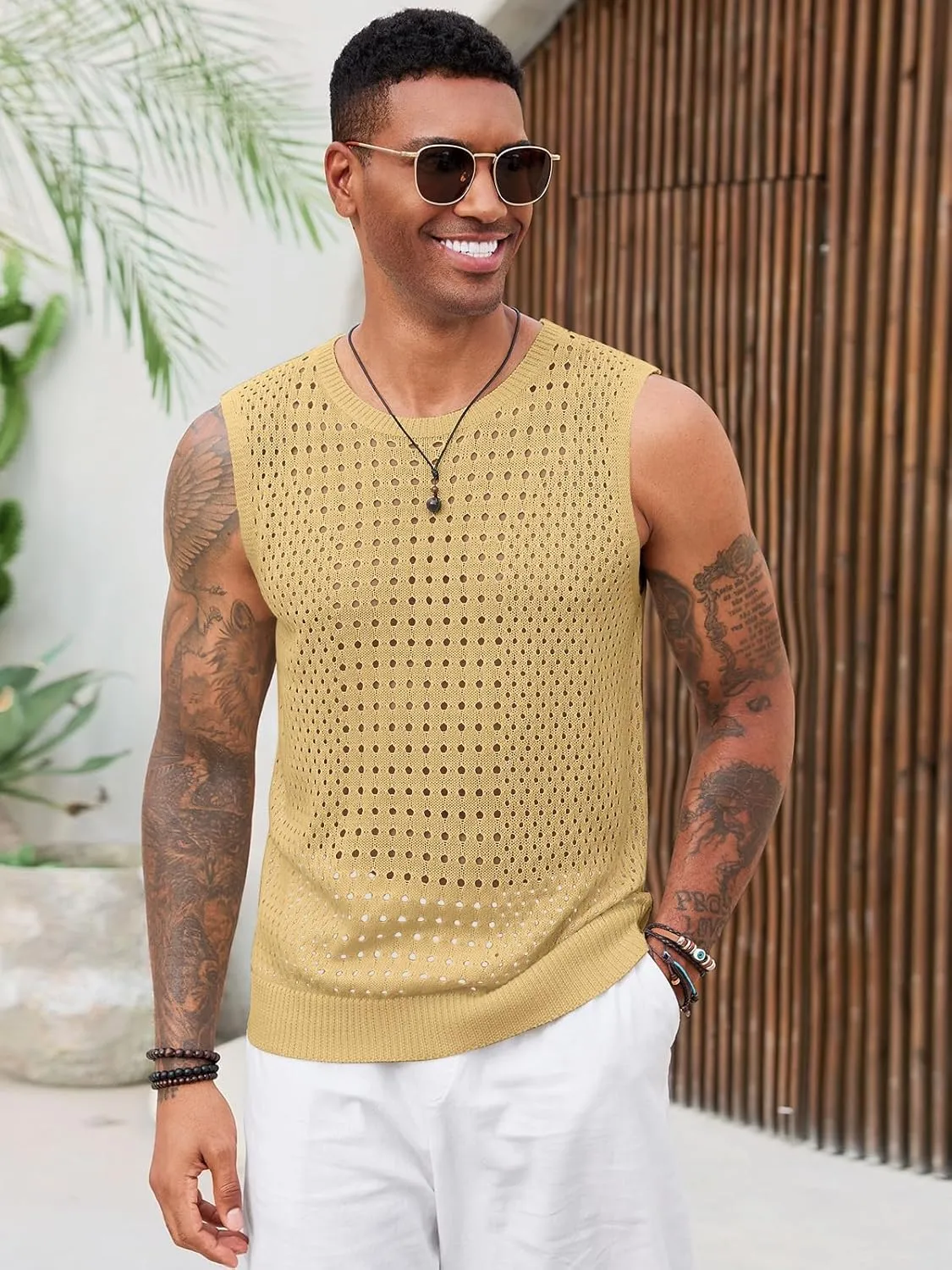 Runcati Mens Knit Sleeveless Tank Tops Casual Hollow Out T Shirts Beach Summer See Through Tops