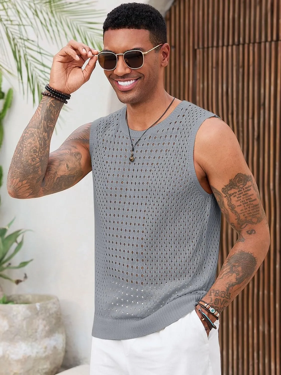 Runcati Mens Knit Sleeveless Tank Tops Casual Hollow Out T Shirts Beach Summer See Through Tops