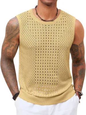 Runcati Mens Knit Sleeveless Tank Tops Casual Hollow Out T Shirts Beach Summer See Through Tops