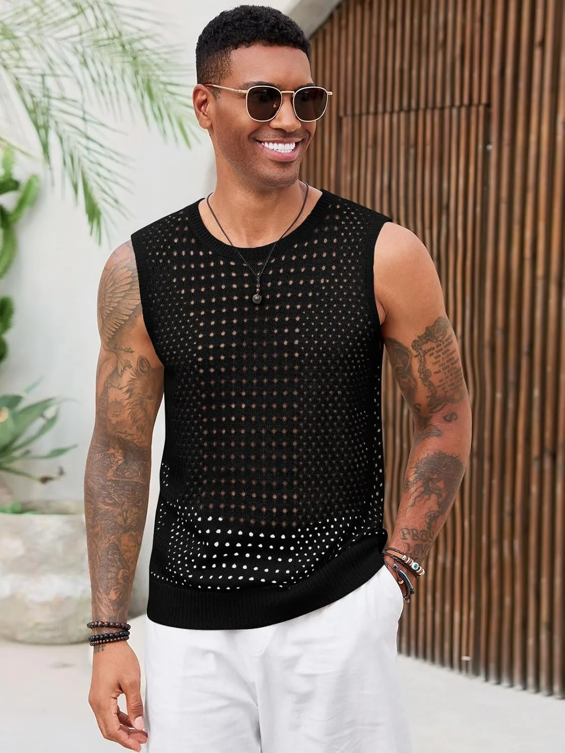 Runcati Mens Knit Sleeveless Tank Tops Casual Hollow Out T Shirts Beach Summer See Through Tops