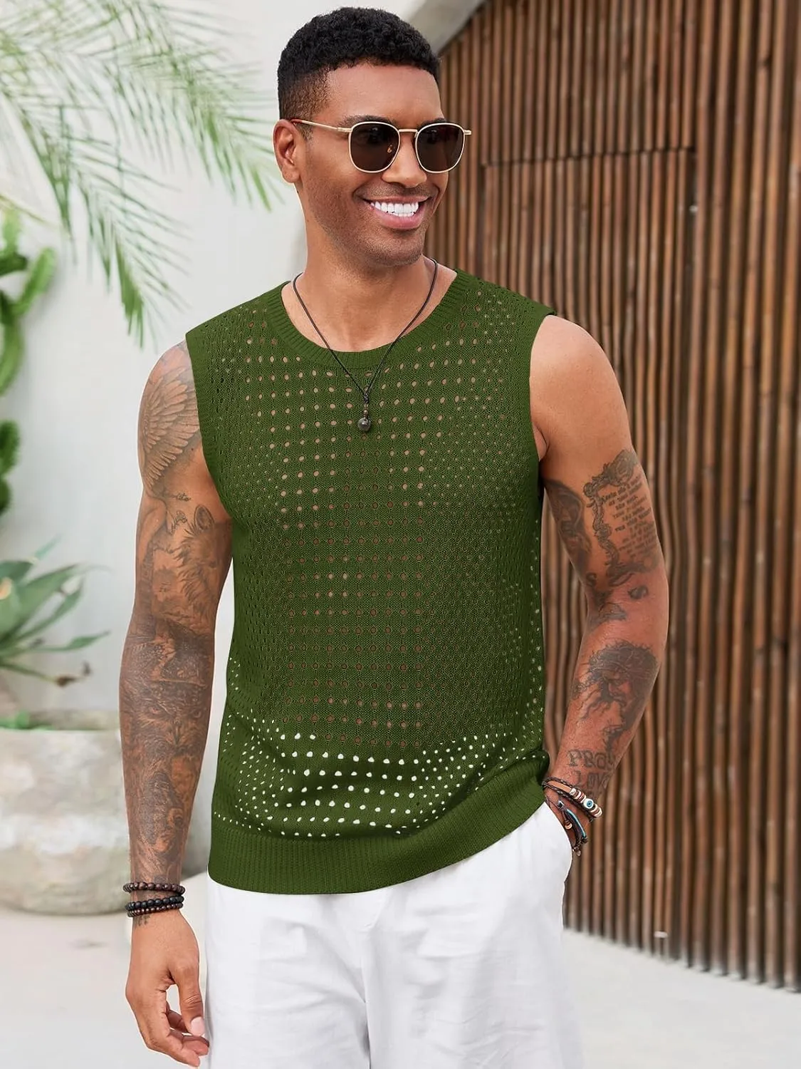 Runcati Mens Knit Sleeveless Tank Tops Casual Hollow Out T Shirts Beach Summer See Through Tops