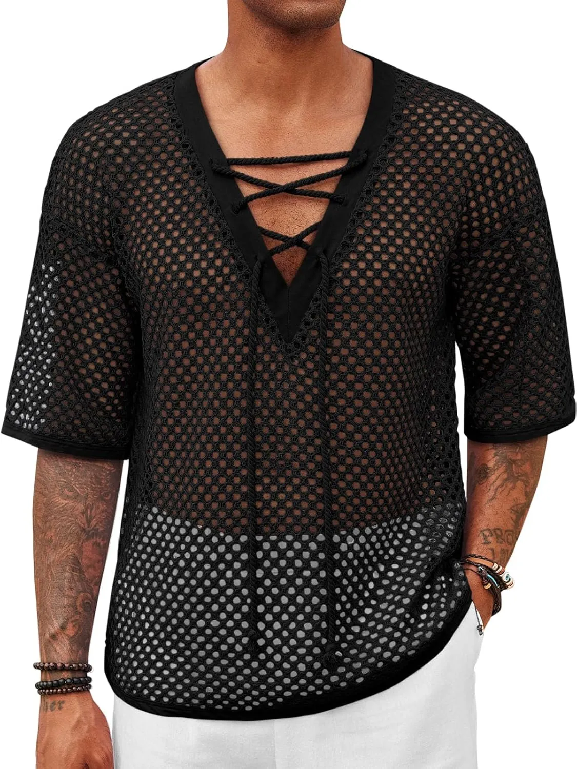 Runcati Mens Lace Up Beach Shirts Hollow Out V Neck Half Sleeve T Shirts Knit Crochet See Through Summer Tops