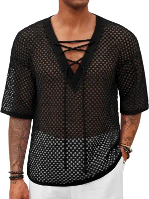 Runcati Mens Lace Up Beach Shirts Hollow Out V Neck Half Sleeve T Shirts Knit Crochet See Through Summer Tops