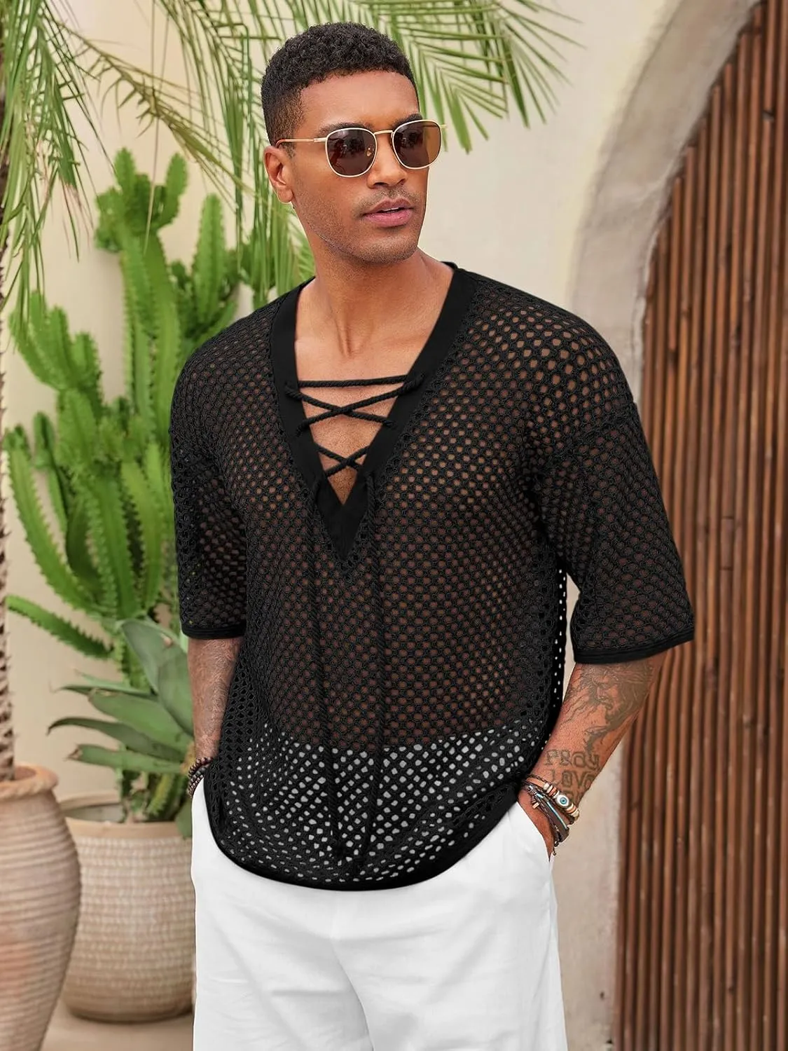 Runcati Mens Lace Up Beach Shirts Hollow Out V Neck Half Sleeve T Shirts Knit Crochet See Through Summer Tops