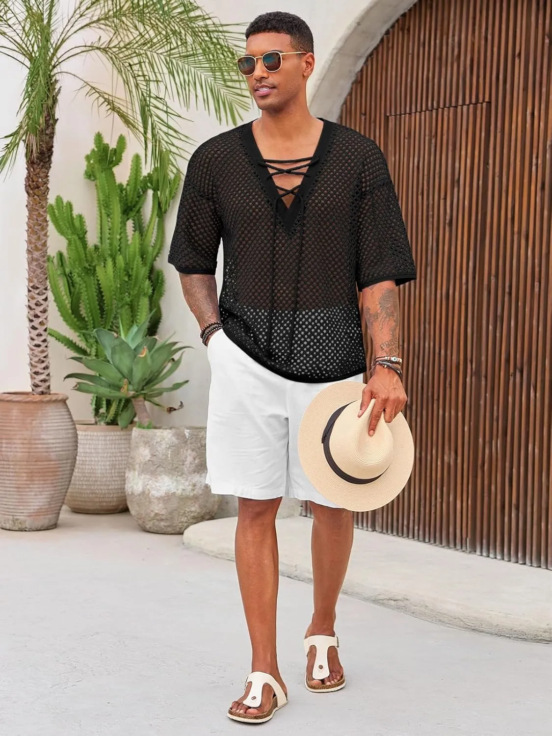 Runcati Mens Lace Up Beach Shirts Hollow Out V Neck Half Sleeve T Shirts Knit Crochet See Through Summer Tops