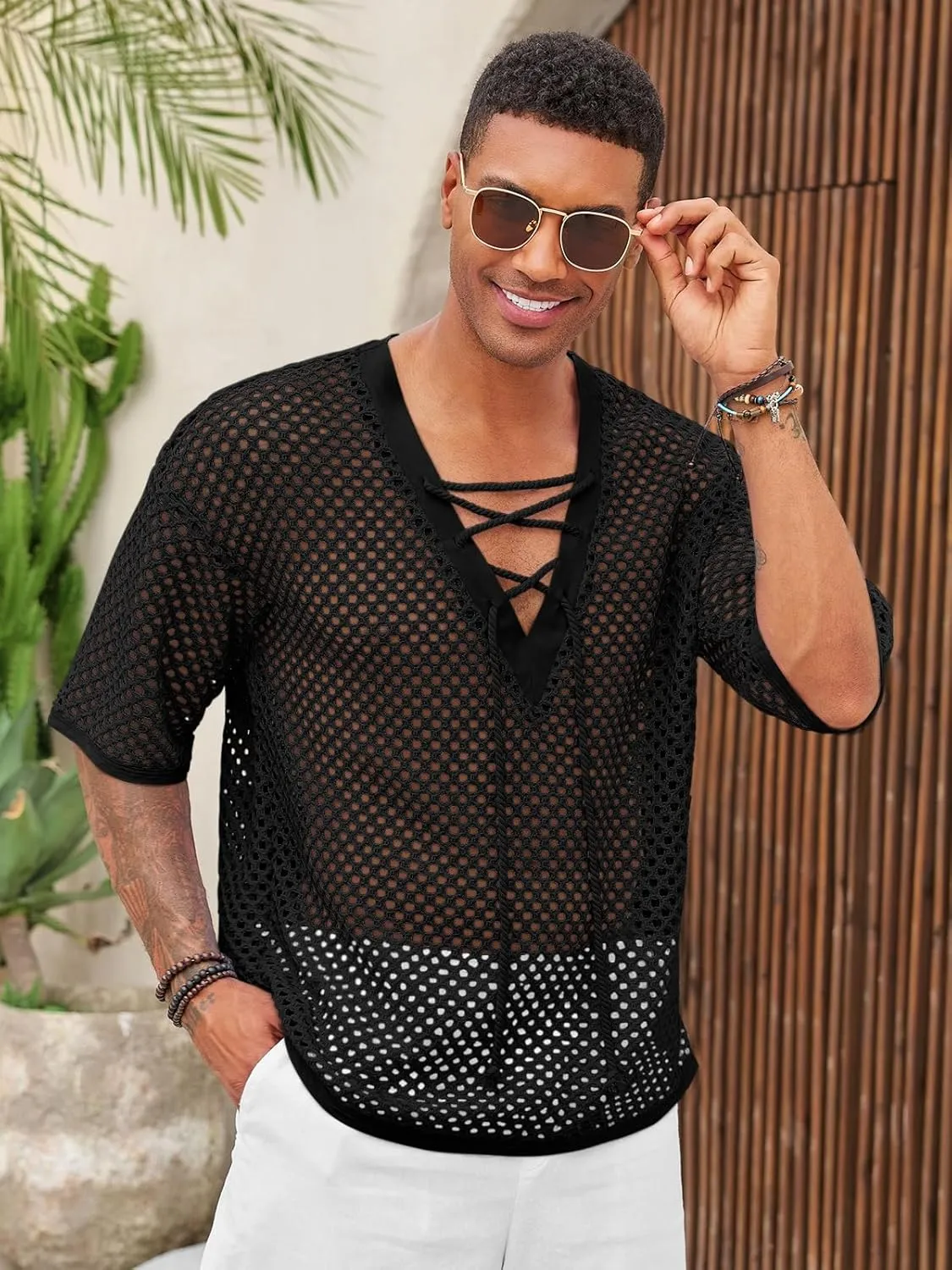 Runcati Mens Lace Up Beach Shirts Hollow Out V Neck Half Sleeve T Shirts Knit Crochet See Through Summer Tops
