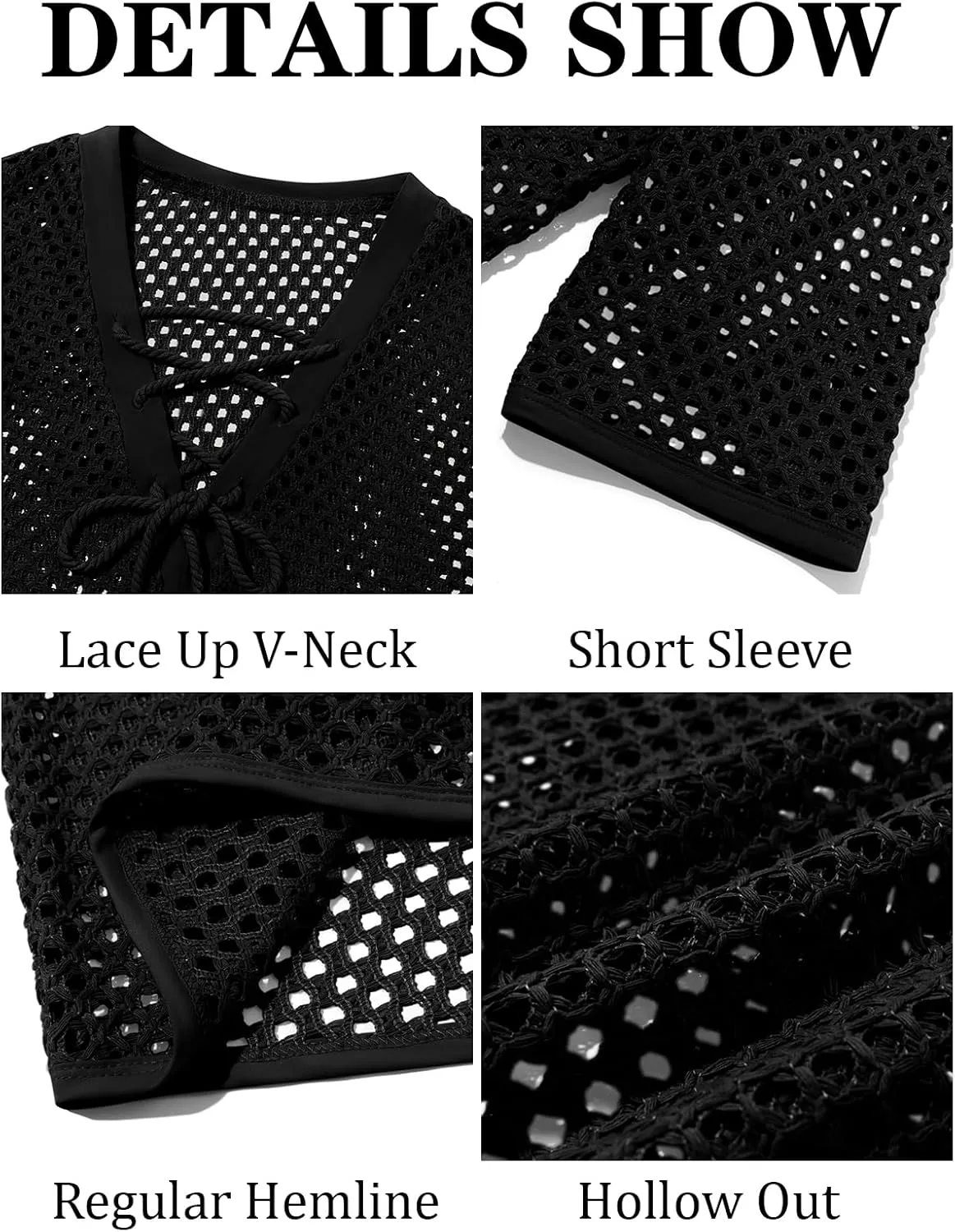 Runcati Mens Lace Up Beach Shirts Hollow Out V Neck Half Sleeve T Shirts Knit Crochet See Through Summer Tops