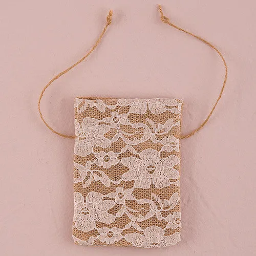 RUSTIC CHIC BURLAP AND LACE DRAWSTRING FAVOUR BAG (12/pkg)