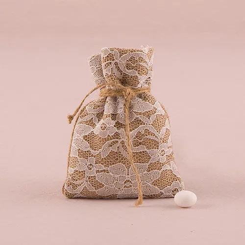 RUSTIC CHIC BURLAP AND LACE DRAWSTRING FAVOUR BAG (12/pkg)
