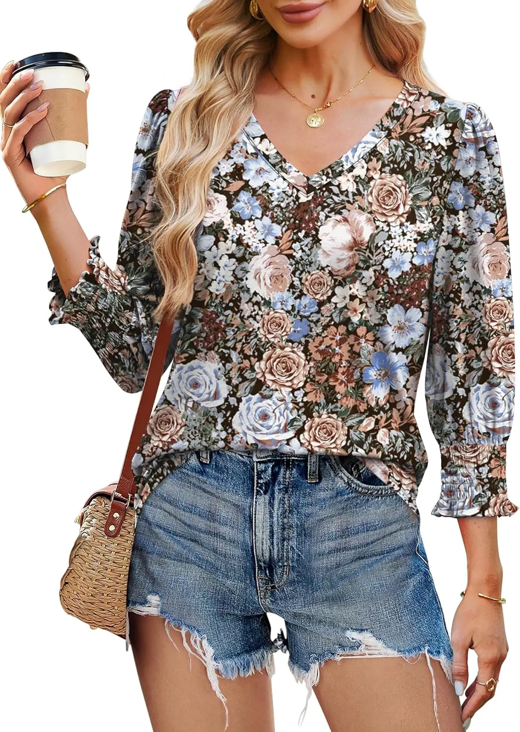 SAMPEEL 3/4 Length Sleeve Womens Tops Dressy Casual Blouses V Neck T Shirts with Smocked Cuffs
