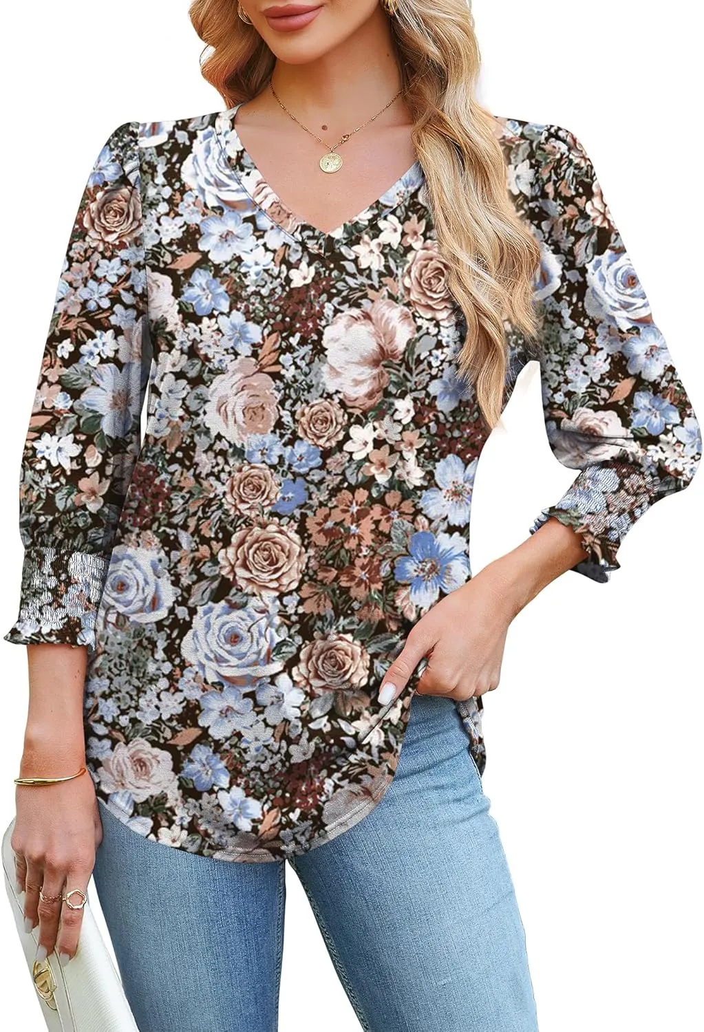 SAMPEEL 3/4 Length Sleeve Womens Tops Dressy Casual Blouses V Neck T Shirts with Smocked Cuffs