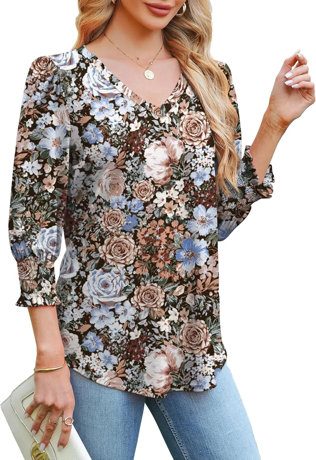 SAMPEEL 3/4 Length Sleeve Womens Tops Dressy Casual Blouses V Neck T Shirts with Smocked Cuffs