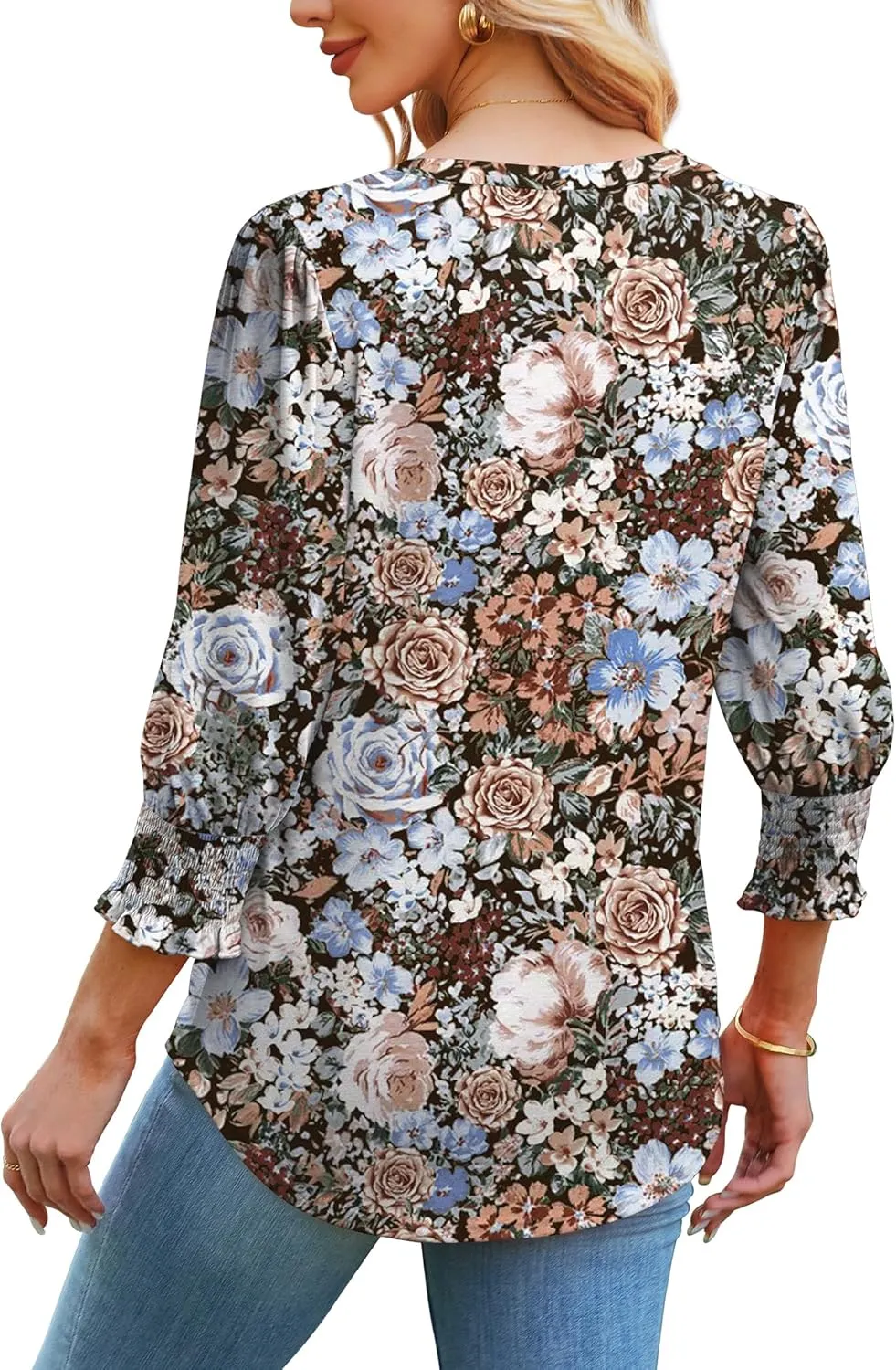SAMPEEL 3/4 Length Sleeve Womens Tops Dressy Casual Blouses V Neck T Shirts with Smocked Cuffs