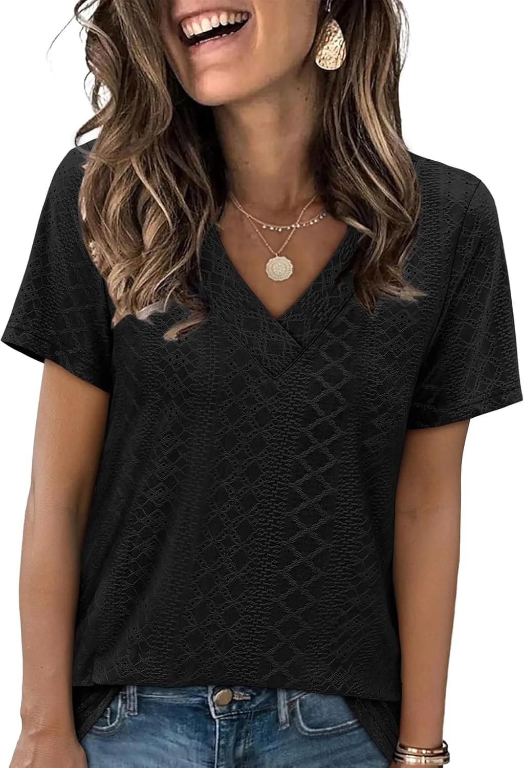 SAMPEEL Womens Summer Tops Trendy 2025 Eyelet Crossed V Neck T Shirts Loose Casual Short Sleeve Tshirts Shirts Fashion