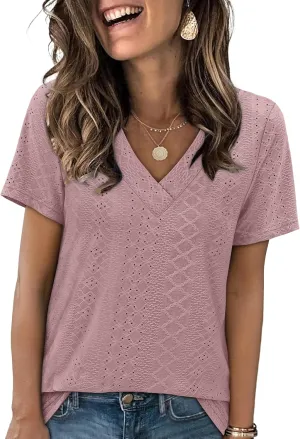 SAMPEEL Womens Summer Tops Trendy 2025 Eyelet Crossed V Neck T Shirts Loose Casual Short Sleeve Tshirts Shirts Fashion