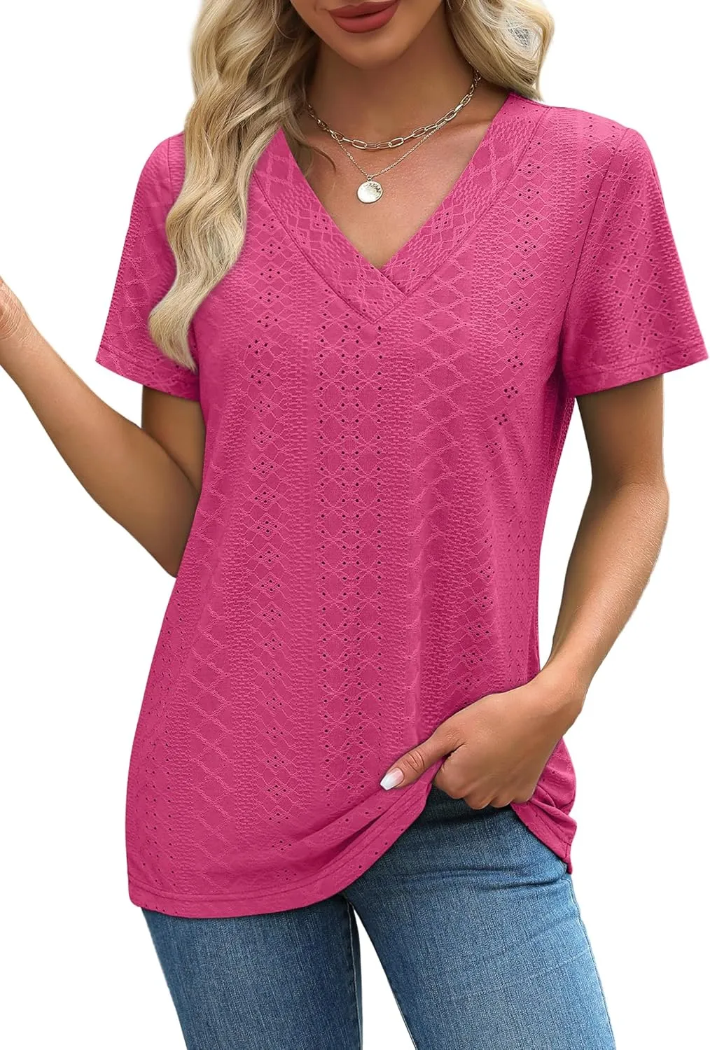 SAMPEEL Womens Summer Tops Trendy 2025 Eyelet Crossed V Neck T Shirts Loose Casual Short Sleeve Tshirts Shirts Fashion