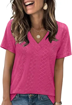 SAMPEEL Womens Summer Tops Trendy 2025 Eyelet Crossed V Neck T Shirts Loose Casual Short Sleeve Tshirts Shirts Fashion
