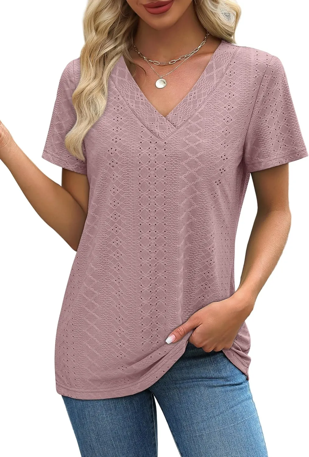 SAMPEEL Womens Summer Tops Trendy 2025 Eyelet Crossed V Neck T Shirts Loose Casual Short Sleeve Tshirts Shirts Fashion