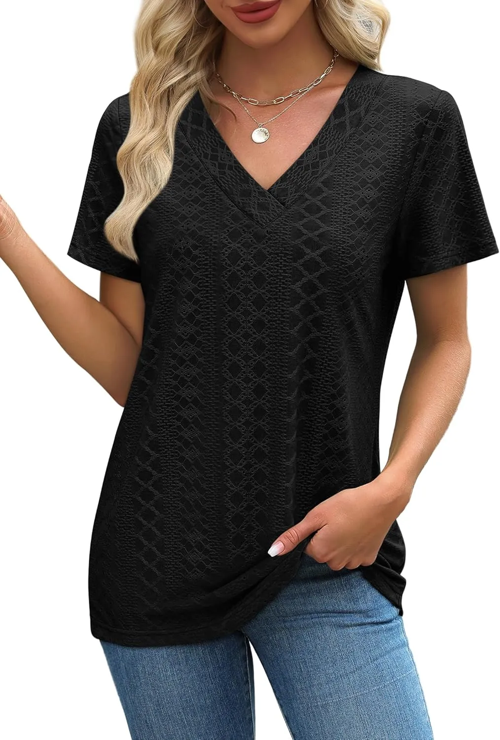 SAMPEEL Womens Summer Tops Trendy 2025 Eyelet Crossed V Neck T Shirts Loose Casual Short Sleeve Tshirts Shirts Fashion