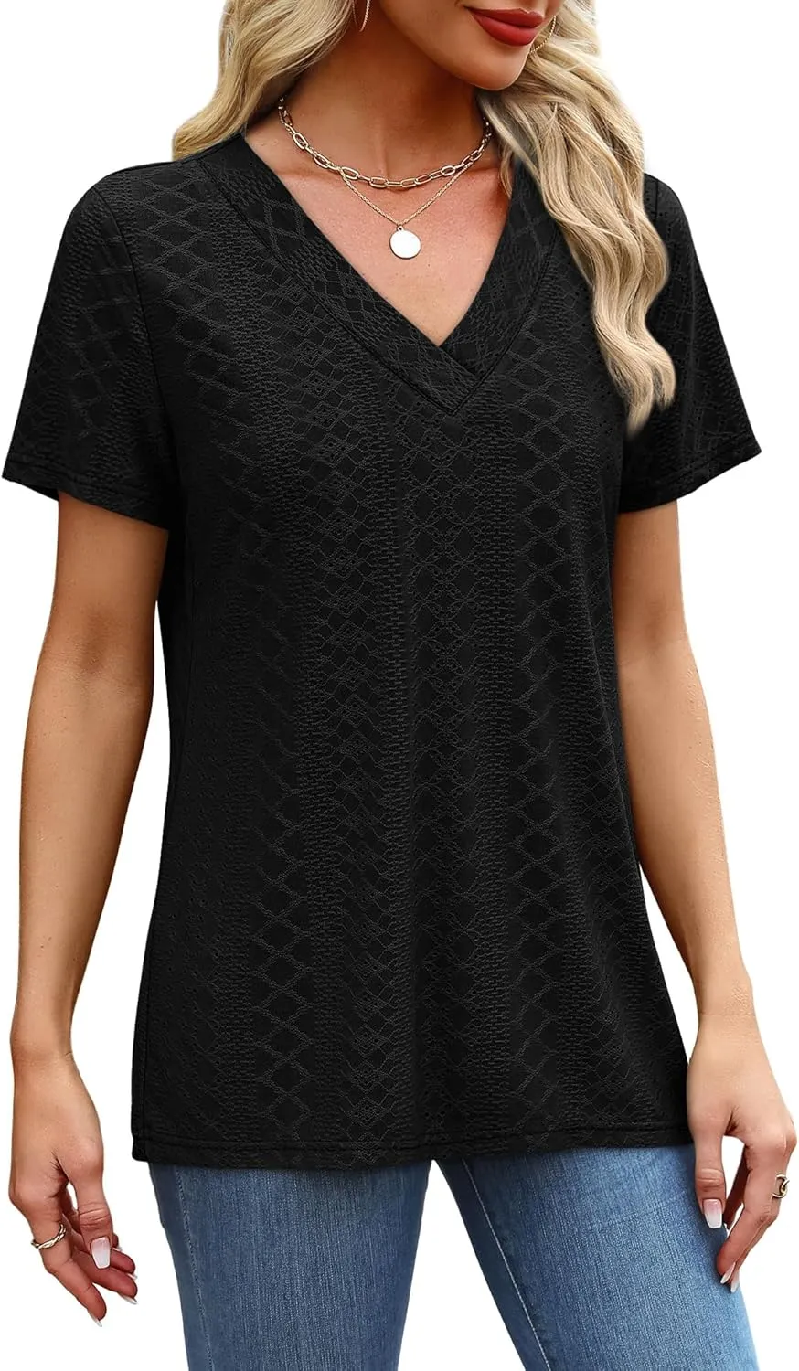 SAMPEEL Womens Summer Tops Trendy 2025 Eyelet Crossed V Neck T Shirts Loose Casual Short Sleeve Tshirts Shirts Fashion