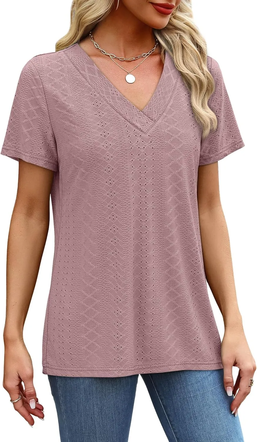 SAMPEEL Womens Summer Tops Trendy 2025 Eyelet Crossed V Neck T Shirts Loose Casual Short Sleeve Tshirts Shirts Fashion