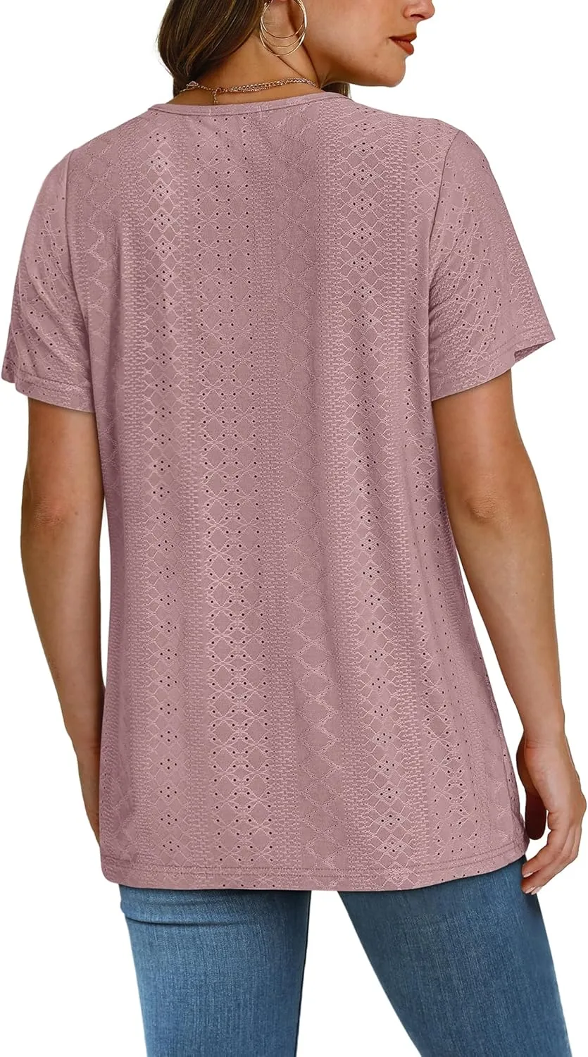 SAMPEEL Womens Summer Tops Trendy 2025 Eyelet Crossed V Neck T Shirts Loose Casual Short Sleeve Tshirts Shirts Fashion