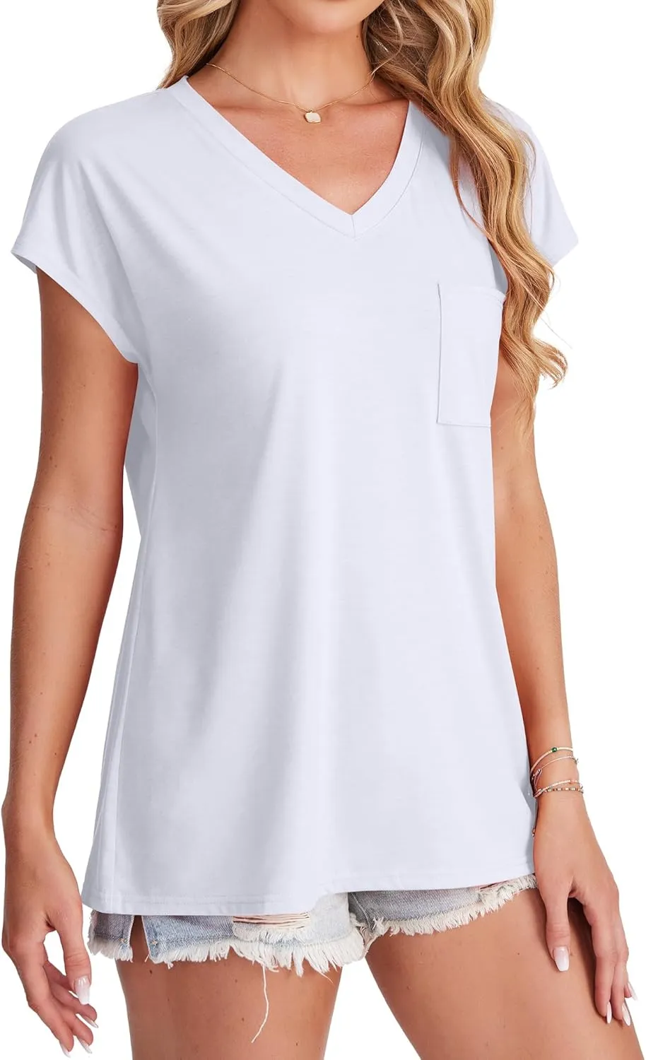 SAMPEEL Womens T Shirts V Neck Cap Short Sleeve Summer Tops Trendy 2025 Loose Casual Tshirts with Pocket