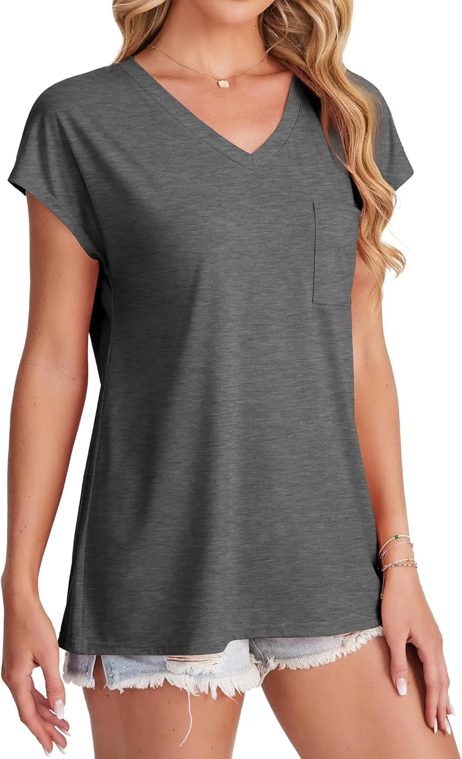 SAMPEEL Womens T Shirts V Neck Cap Short Sleeve Summer Tops Trendy 2025 Loose Casual Tshirts with Pocket