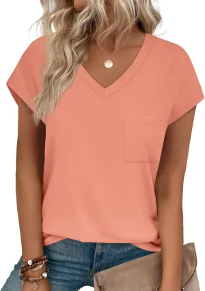 SAMPEEL Womens T Shirts V Neck Cap Short Sleeve Summer Tops Trendy 2025 Loose Casual Tshirts with Pocket