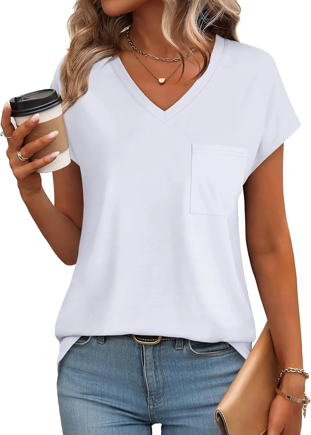 SAMPEEL Womens T Shirts V Neck Cap Short Sleeve Summer Tops Trendy 2025 Loose Casual Tshirts with Pocket