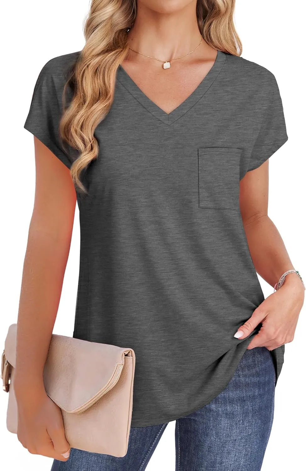 SAMPEEL Womens T Shirts V Neck Cap Short Sleeve Summer Tops Trendy 2025 Loose Casual Tshirts with Pocket