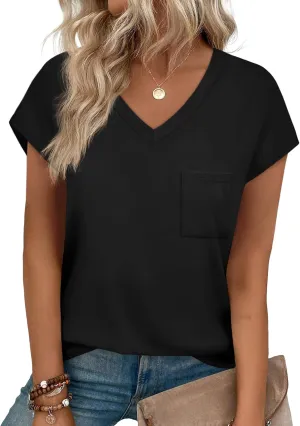 SAMPEEL Womens T Shirts V Neck Cap Short Sleeve Summer Tops Trendy 2025 Loose Casual Tshirts with Pocket