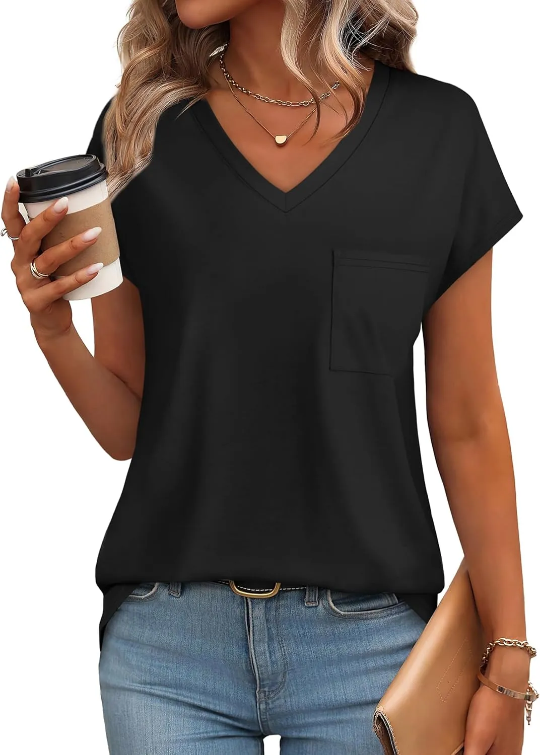 SAMPEEL Womens T Shirts V Neck Cap Short Sleeve Summer Tops Trendy 2025 Loose Casual Tshirts with Pocket