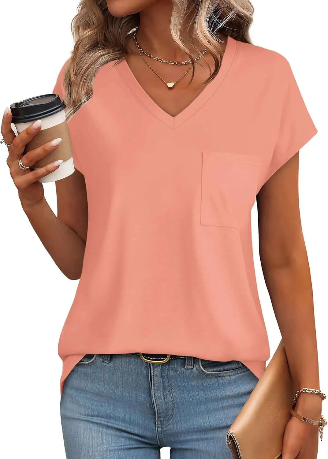 SAMPEEL Womens T Shirts V Neck Cap Short Sleeve Summer Tops Trendy 2025 Loose Casual Tshirts with Pocket